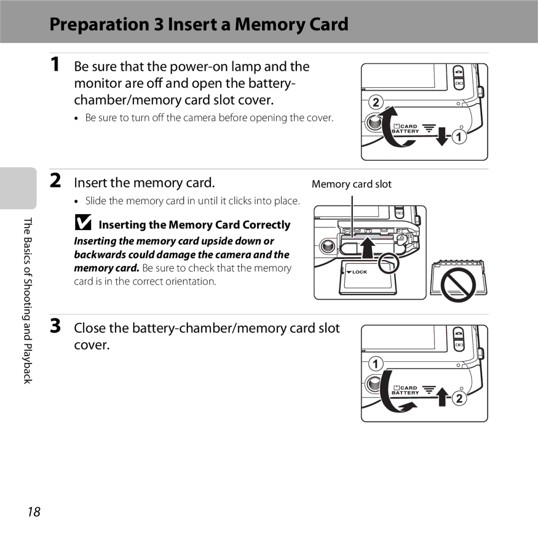 Nikon S6400 manual Preparation 3 Insert a Memory Card, Insert the memory card, Inserting the Memory Card Correctly 