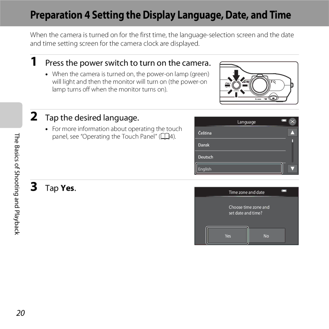 Nikon S6400 manual Press the power switch to turn on the camera, Tap the desired language, Shooting and Playback 