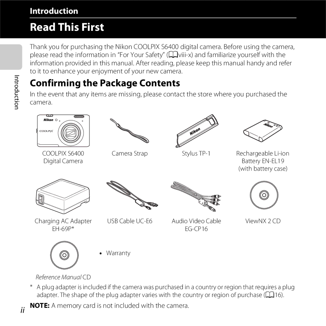 Nikon S6400 manual Read This First, Confirming the Package Contents 