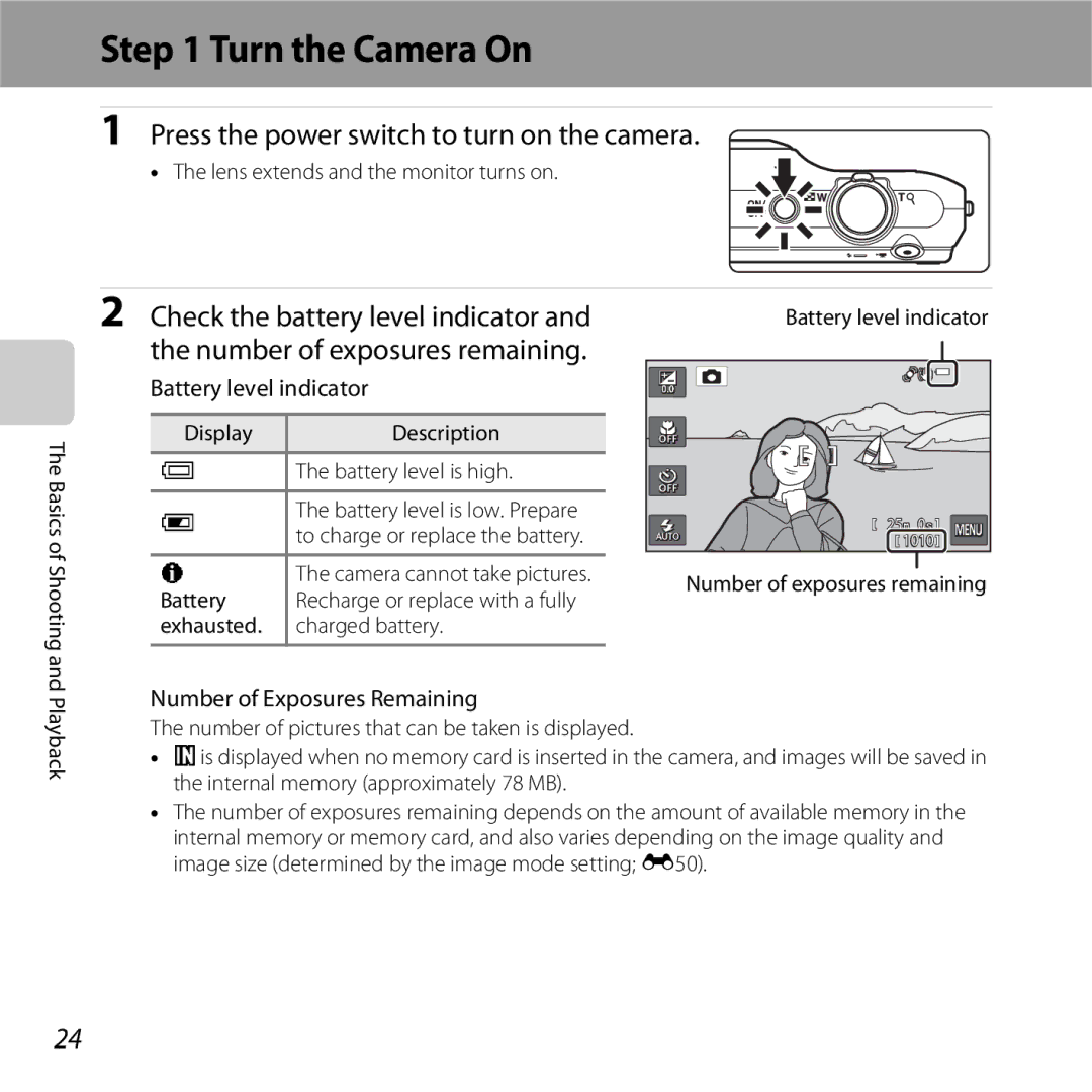 Nikon S6400 manual Turn the Camera On, Battery level indicator, Number of Exposures Remaining 