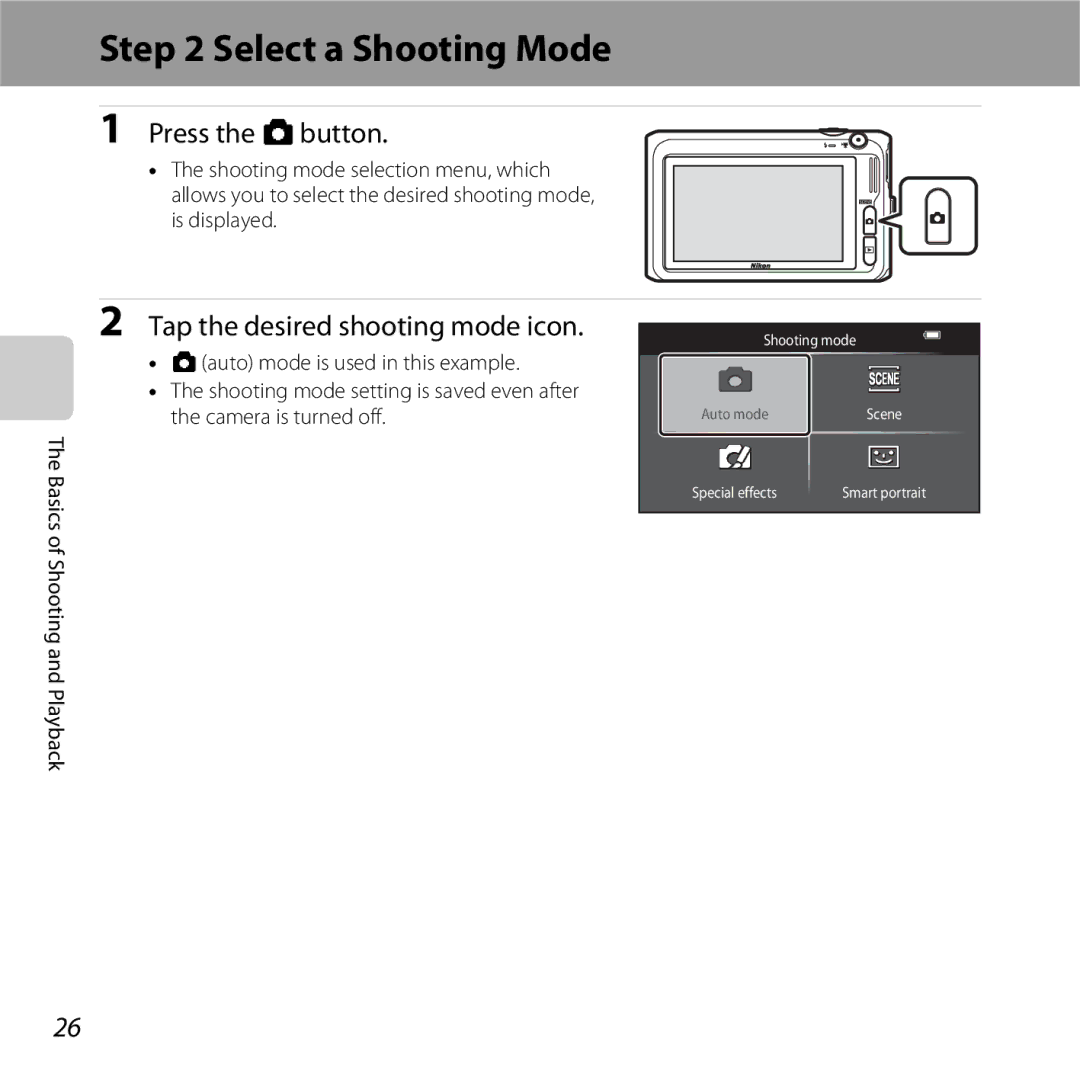 Nikon S6400 manual Select a Shooting Mode, Press the Abutton, Tap the desired shooting mode icon 