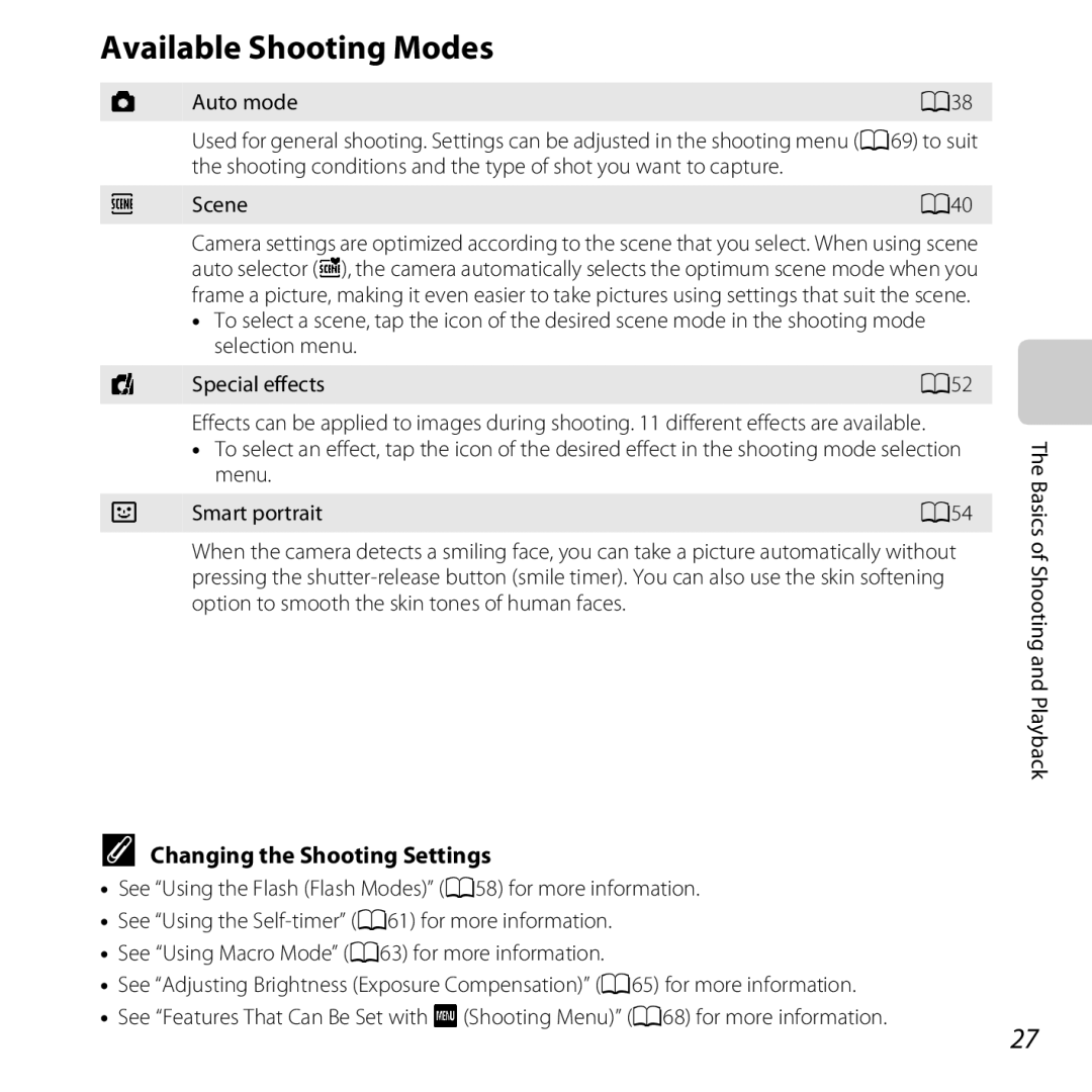 Nikon S6400 manual Available Shooting Modes, Changing the Shooting Settings 