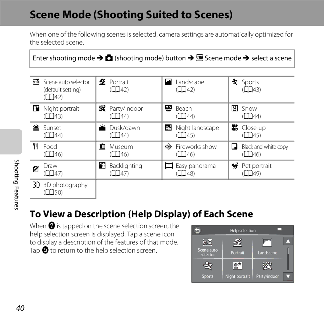 Nikon S6400 manual Scene Mode Shooting Suited to Scenes, To View a Description Help Display of Each Scene 