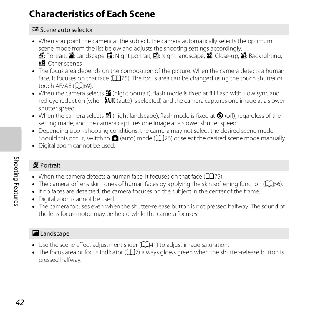 Nikon S6400 manual Characteristics of Each Scene 