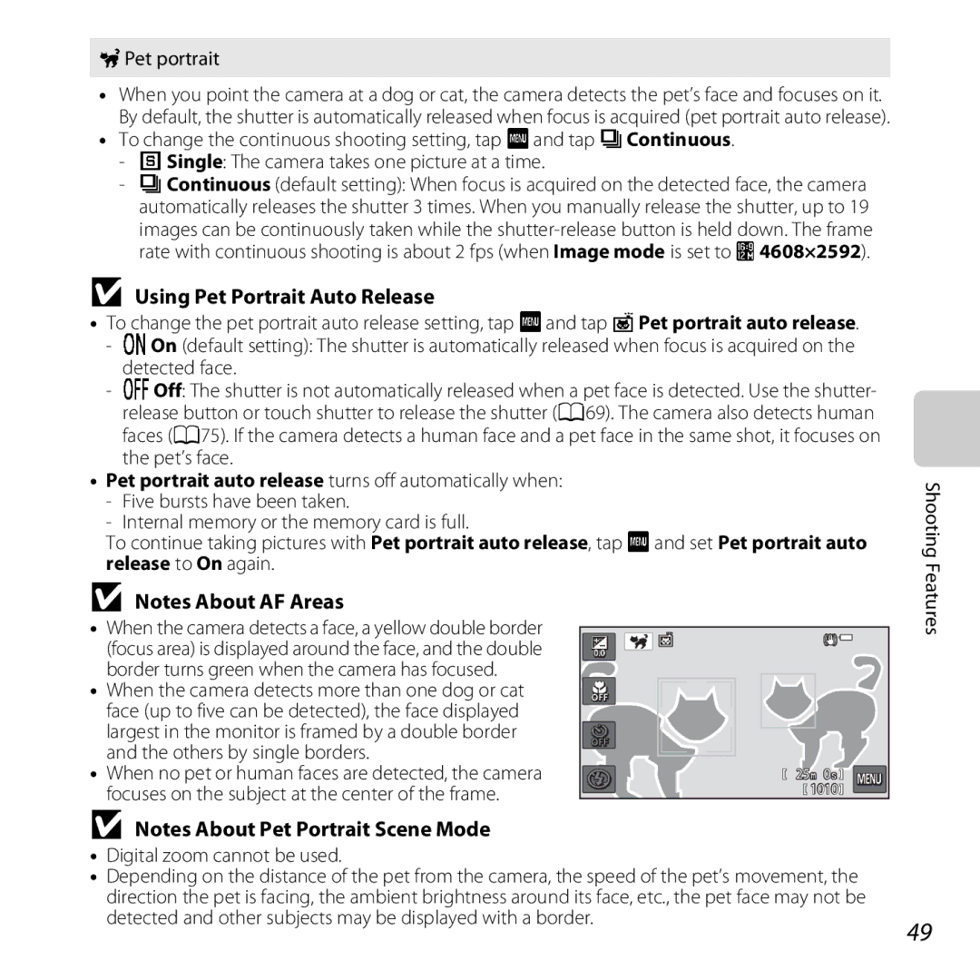 Nikon S6400 manual Using Pet Portrait Auto Release, OPet portrait, Shooting, Features Digital zoom cannot be used 