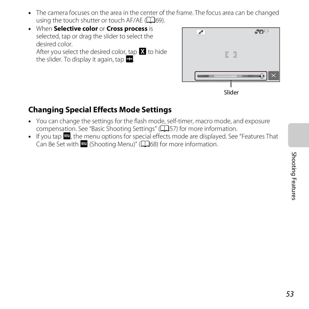 Nikon S6400 manual Changing Special Effects Mode Settings, Slider 