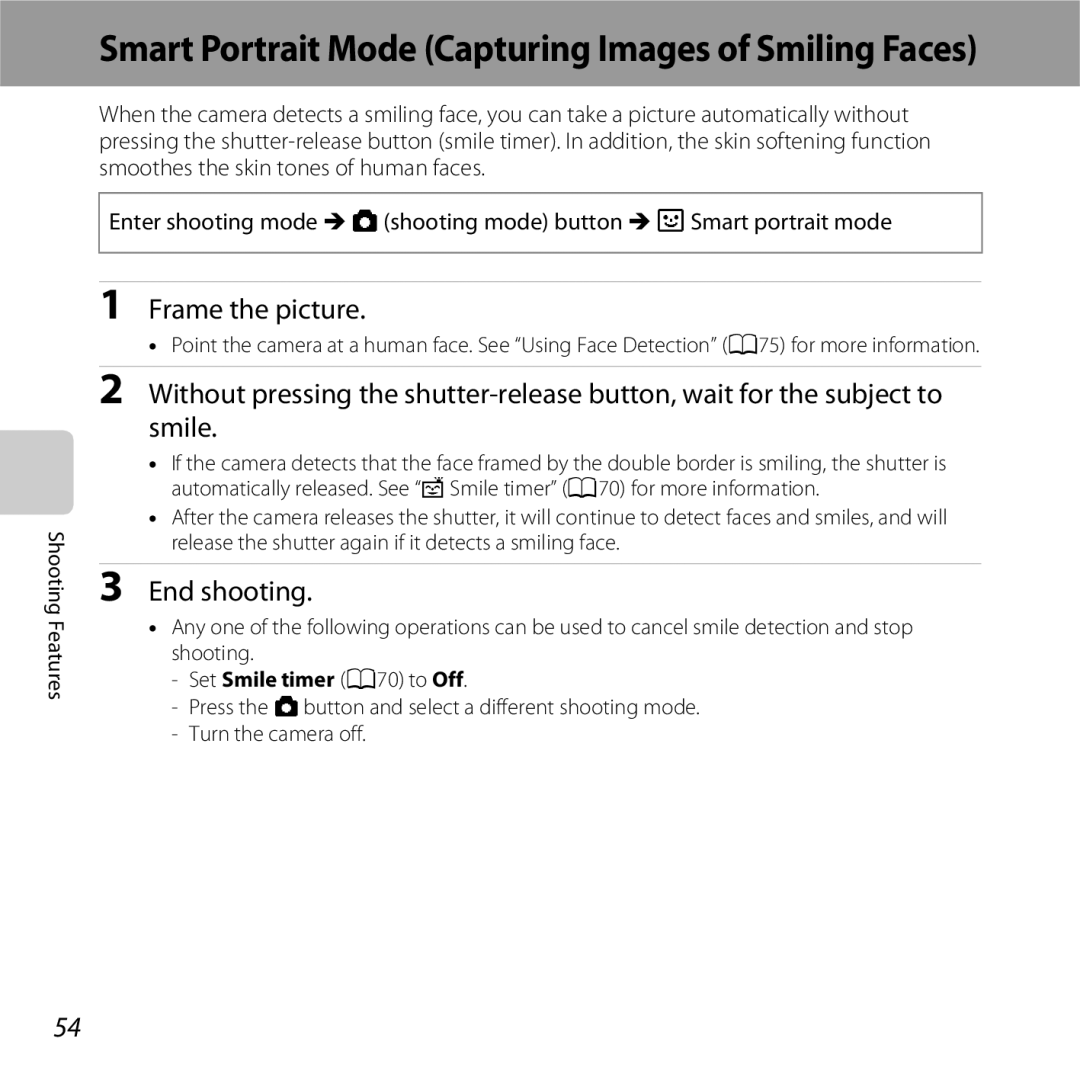 Nikon S6400 manual End shooting, Set Smile timer A70 to Off 