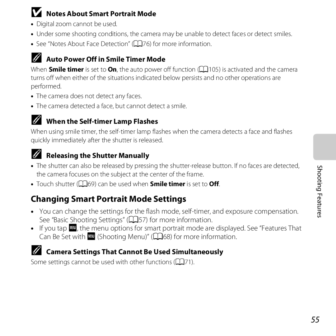 Nikon S6400 Changing Smart Portrait Mode Settings, Auto Power Off in Smile Timer Mode, When the Self-timer Lamp Flashes 