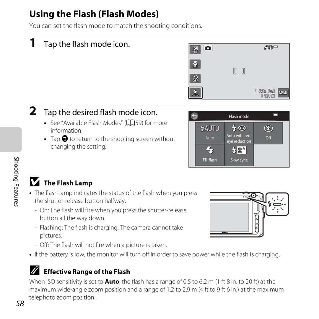 Nikon S6400 manual Using the Flash Flash Modes, Tap the flash mode icon, Tap the desired flash mode icon, Flash Lamp 