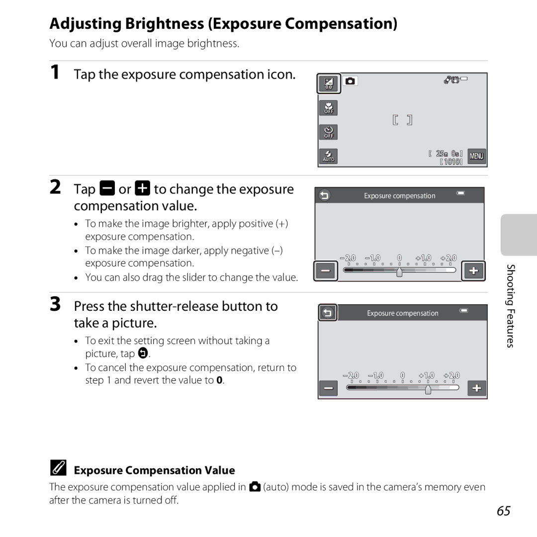 Nikon S6400 Adjusting Brightness Exposure Compensation, Tap the exposure compensation icon, Exposure Compensation Value 