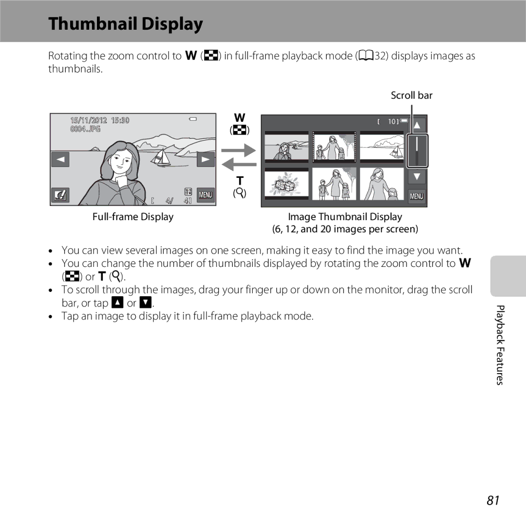 Nikon S6400 manual Tap an image to display it in full-frame playback mode, Scroll bar, Full-frame Display 