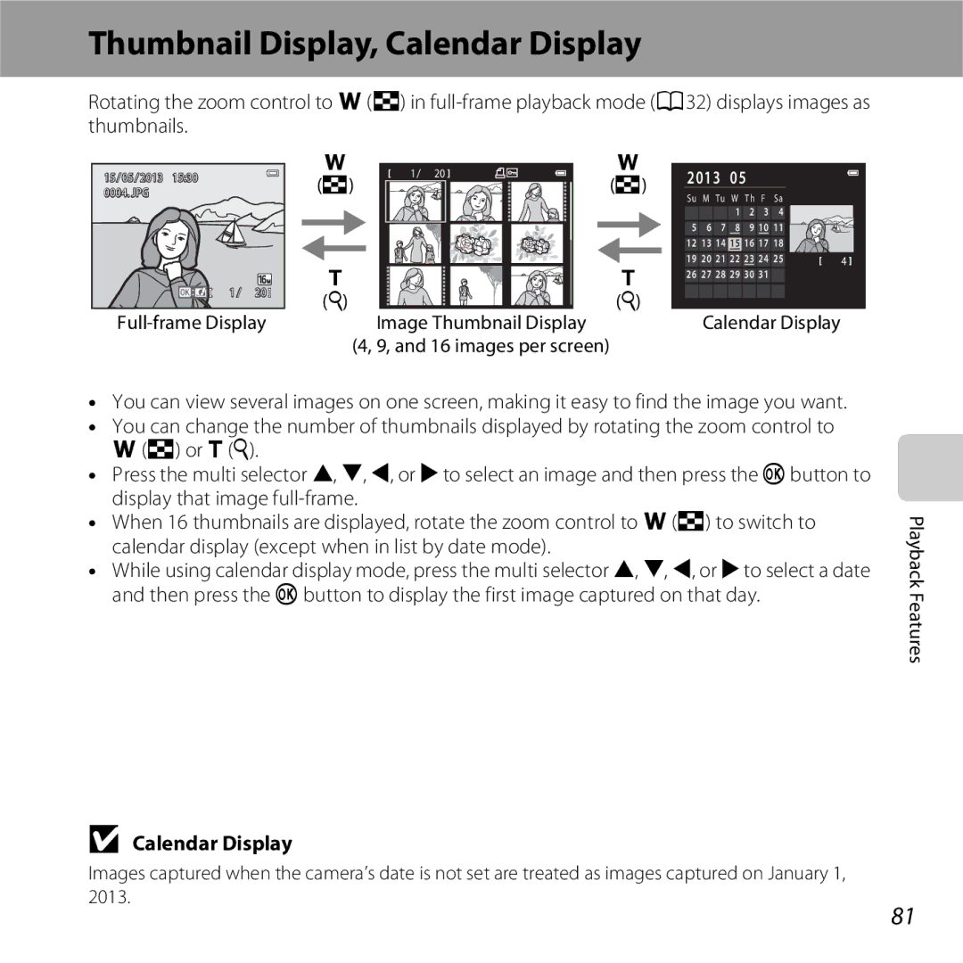 Nikon S6500 Red, COOLPIXS6500SIL manual Thumbnail Display, Calendar Display, Full-frame Display, Playback Features 2013 