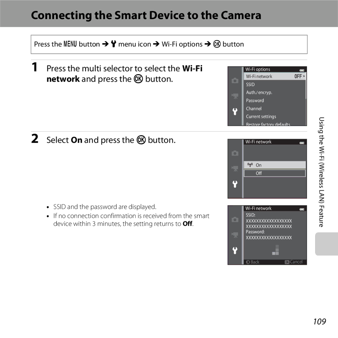 Nikon COOLPIXS6500SIL, S6500 Black manual Connecting the Smart Device to the Camera, Select On and press the kbutton, 109 