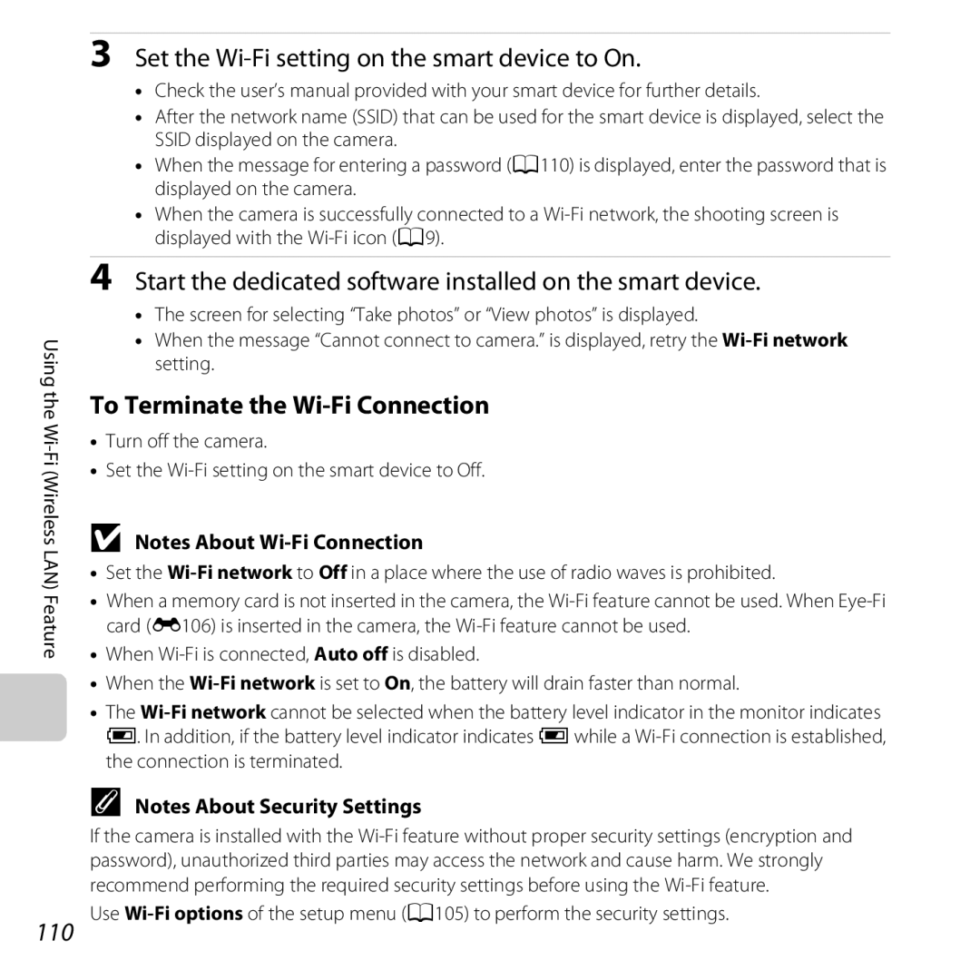 Nikon S6500 Black, COOLPIXS6500SIL 110, Set the Wi-Fi setting on the smart device to On, To Terminate the Wi-Fi Connection 