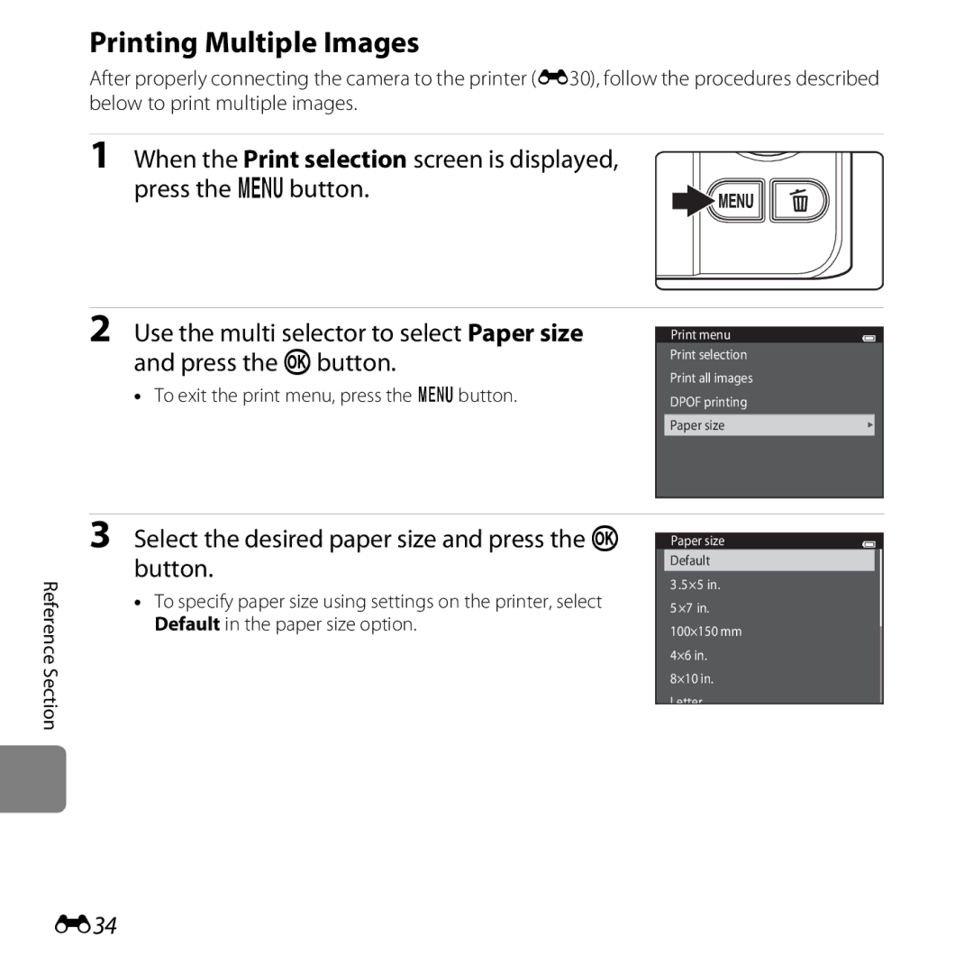 Nikon COOLPIXS6500SIL, S6500 Black Printing Multiple Images, Select the desired paper size and press the k button, E34 