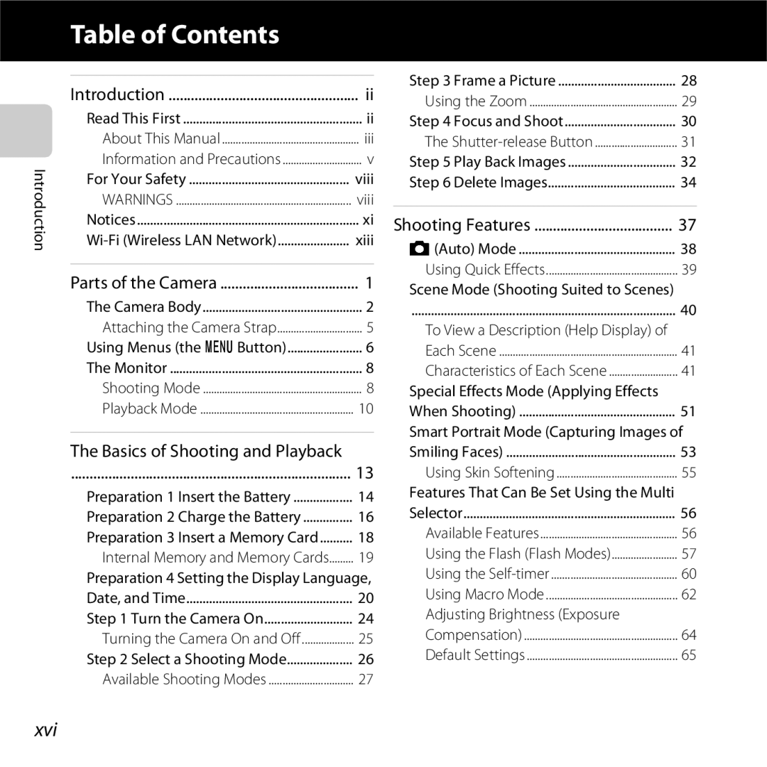 Nikon S6500 Red, COOLPIXS6500SIL, S6500 Black, COOLPIXS6500BLK manual Table of Contents 