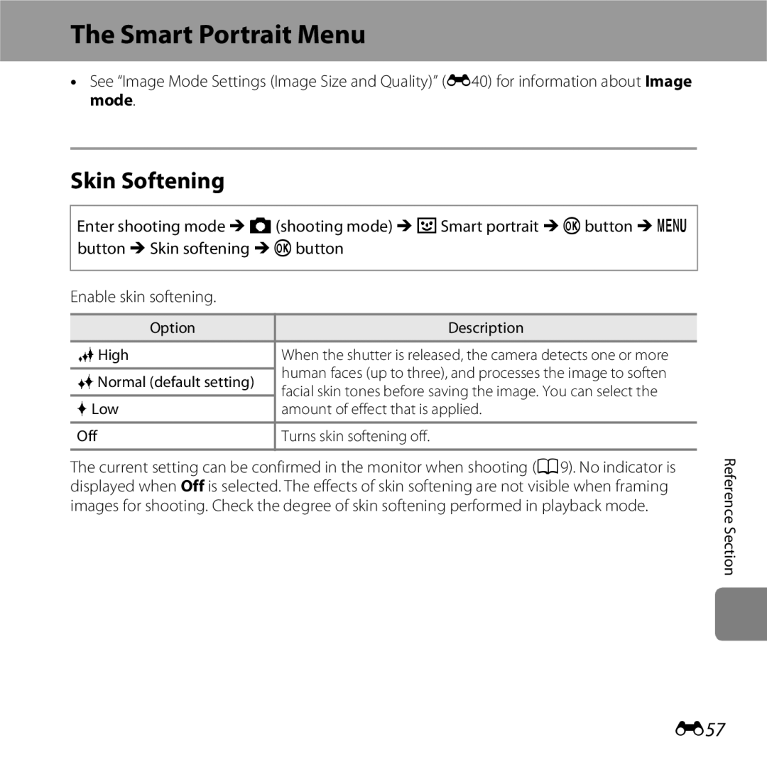 Nikon COOLPIXS6500BLK manual Smart Portrait Menu, Skin Softening, E57, Option Description SHigh, RNormal default setting 