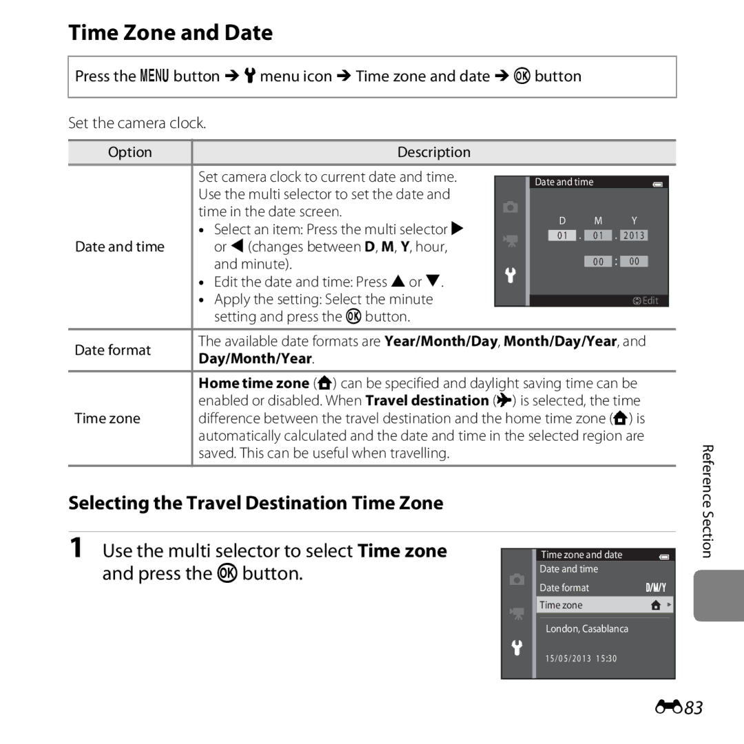 Nikon COOLPIXS6500SIL, S6500 Black Time Zone and Date, Selecting the Travel Destination Time Zone, E83, Day/Month/Year 