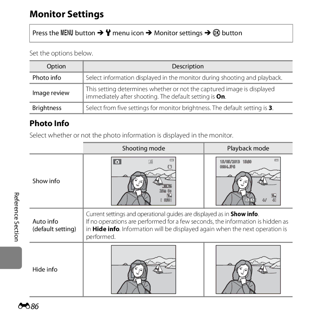 Nikon S6500 Red, COOLPIXS6500SIL, S6500 Black, COOLPIXS6500BLK manual Monitor Settings, Photo Info, E86 