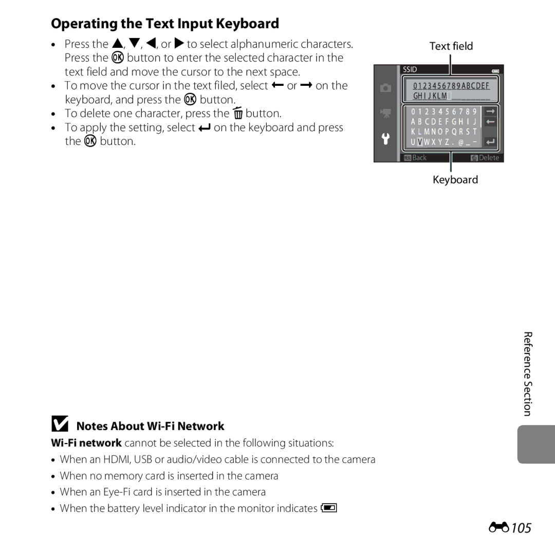 Nikon S6500 Black, COOLPIXS6500SIL, S6500 Red manual Operating the Text Input Keyboard, E105, Keyboard Reference Section 