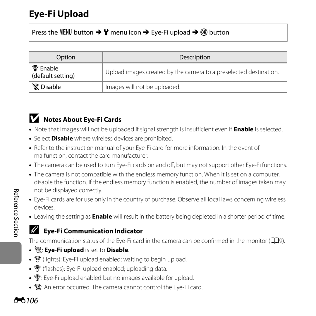 Nikon S6500 Red, COOLPIXS6500SIL manual Eye-Fi Upload, E106, Eye-Fi Communication Indicator, Option Description BEnable 