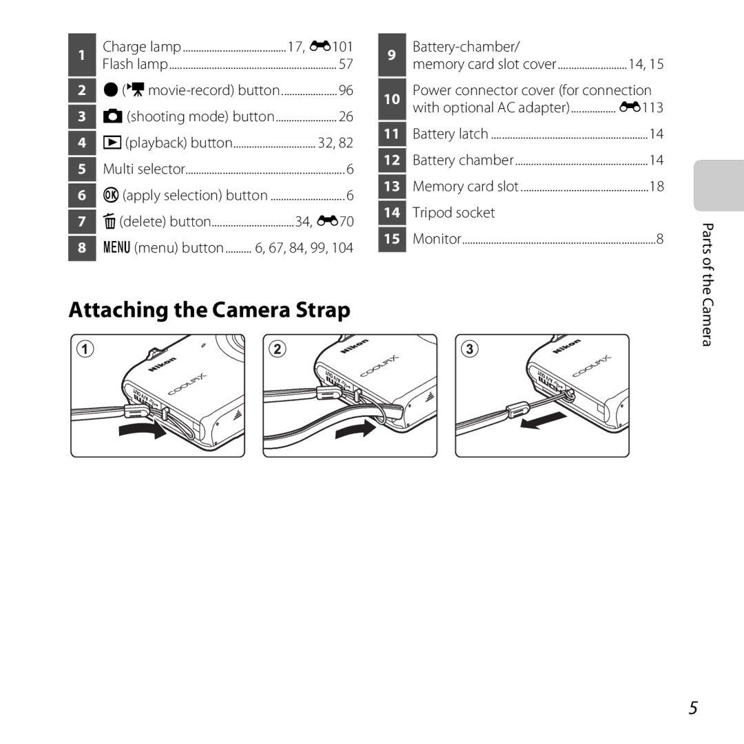 Nikon S6500 Black Attaching the Camera Strap, 17, E101 Battery-chamber, Movie-record button, E113, 34, E70 Tripod socket 