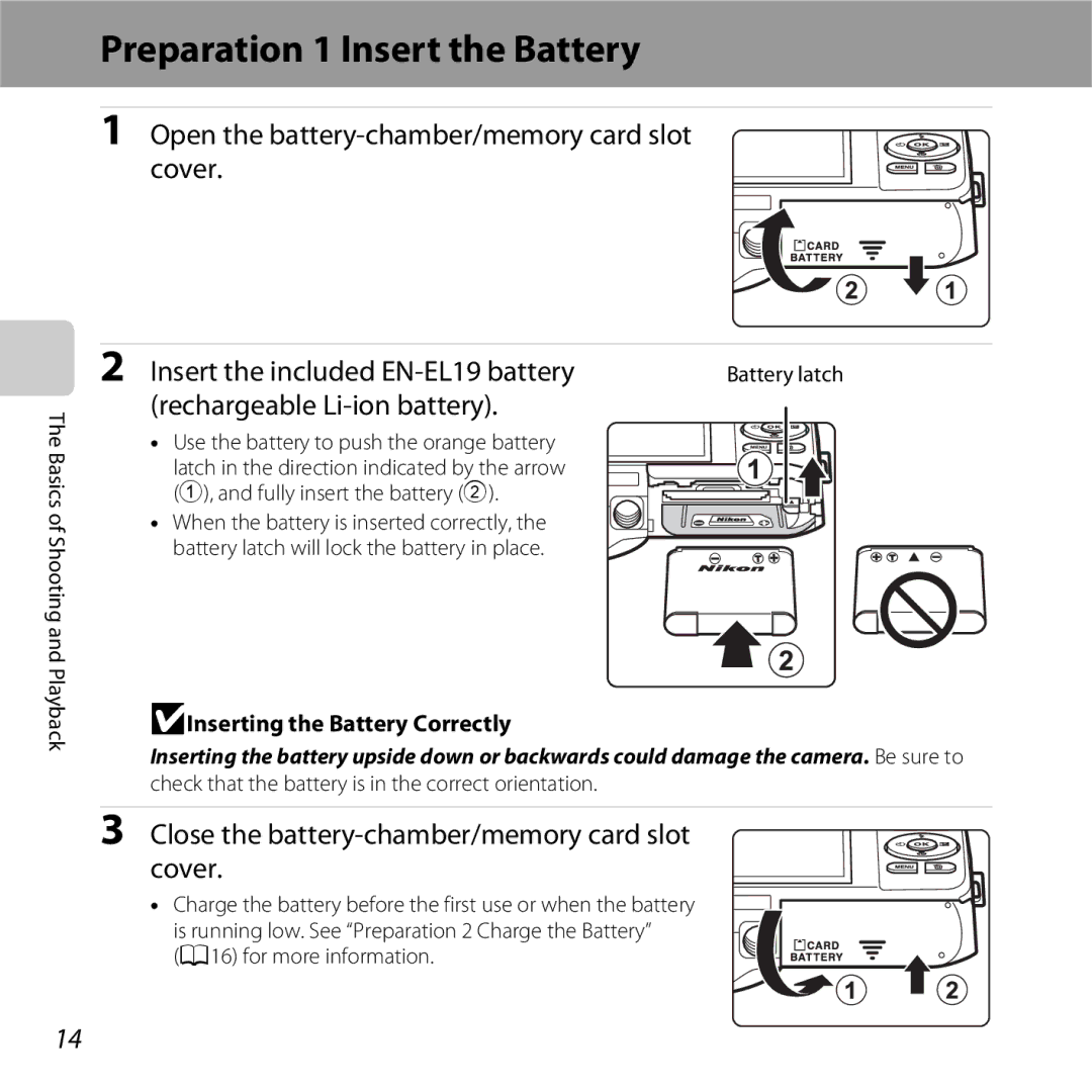 Nikon COOLPIXS6500SIL, S6500 Black manual Preparation 1 Insert the Battery, Open the battery-chamber/memory card slot cover 