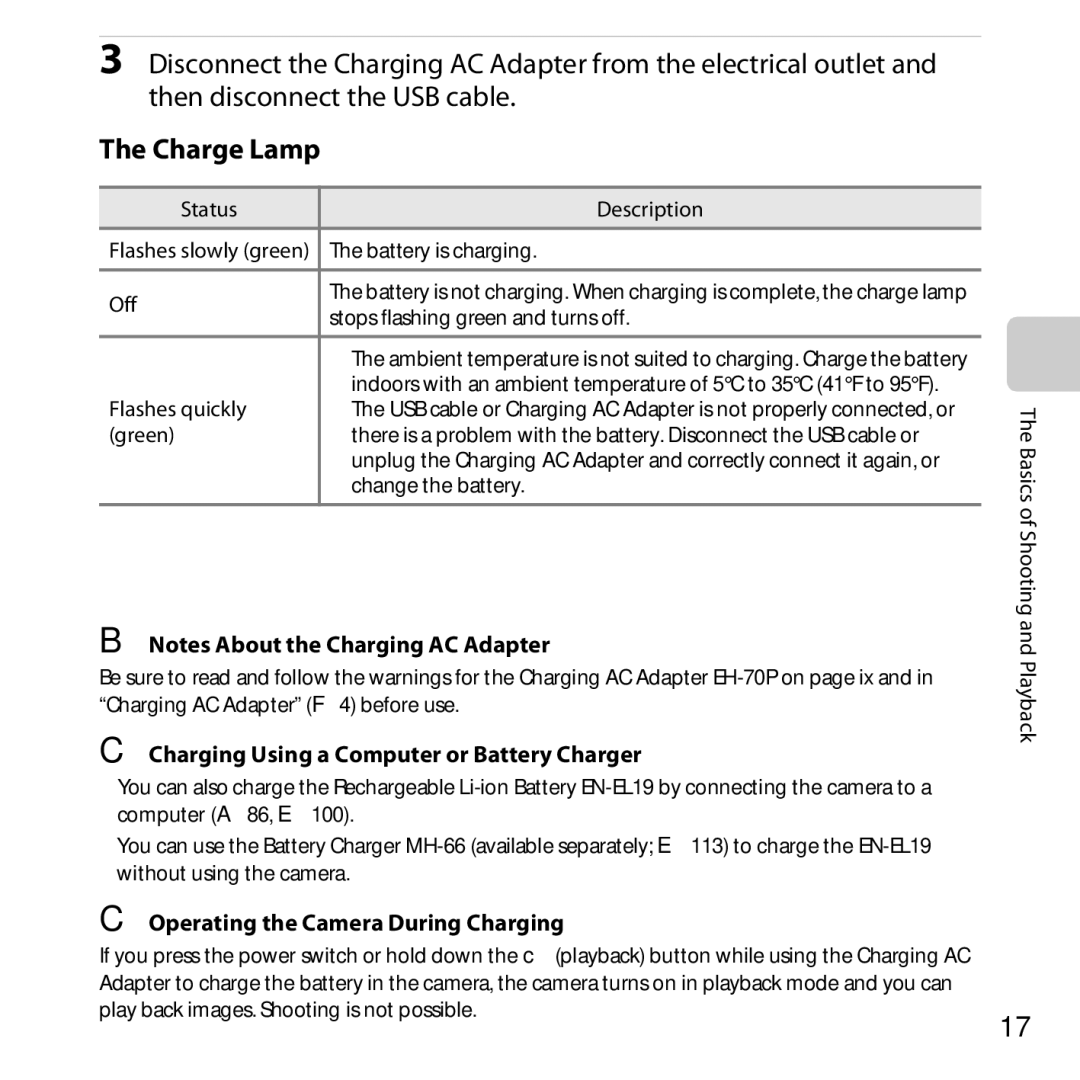 Nikon COOLPIXS6500BLK Charge Lamp, Charging Using a Computer or Battery Charger, Operating the Camera During Charging 