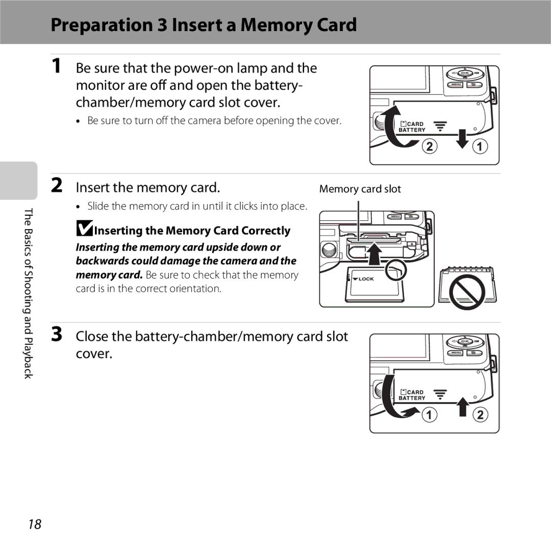 Nikon S6500 Black Preparation 3 Insert a Memory Card, Insert the memory card, BInserting the Memory Card Correctly 