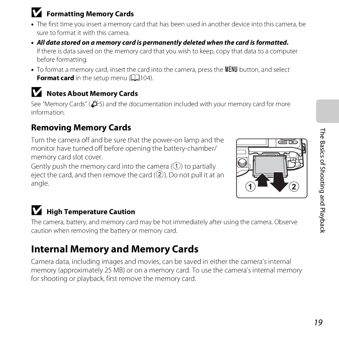 Nikon COOLPIXS6500SIL, S6500 Black manual Internal Memory and Memory Cards, Removing Memory Cards, Formatting Memory Cards 