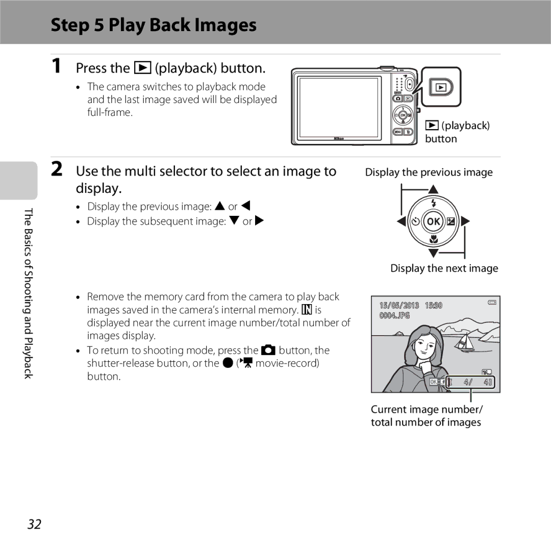 Nikon COOLPIXS6500BLK Play Back Images, Press the cplayback button, Use the multi selector to select an image to, Display 