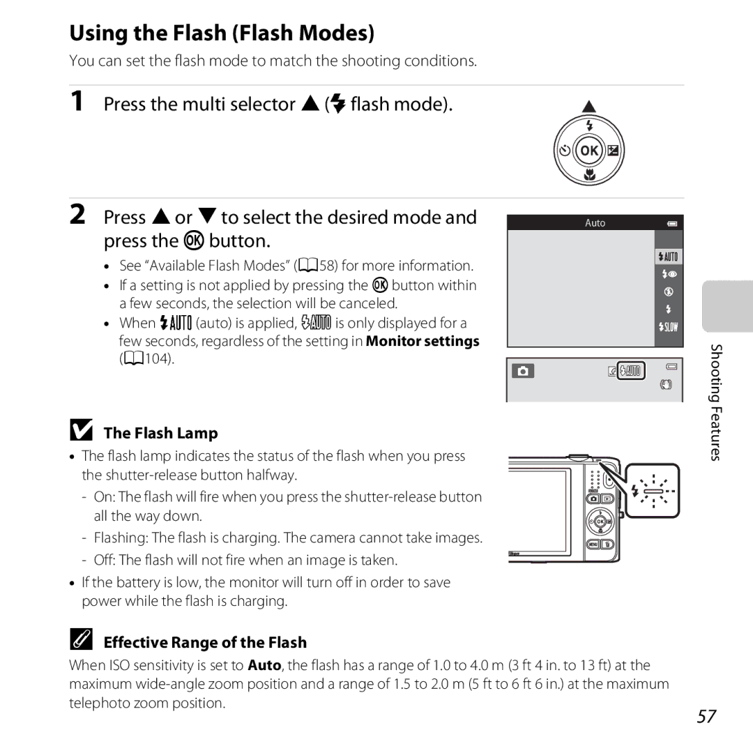 Nikon COOLPIXS6500BLK, COOLPIXS6500SIL, S6500 Black Using the Flash Flash Modes, Flash Lamp, Effective Range of the Flash 