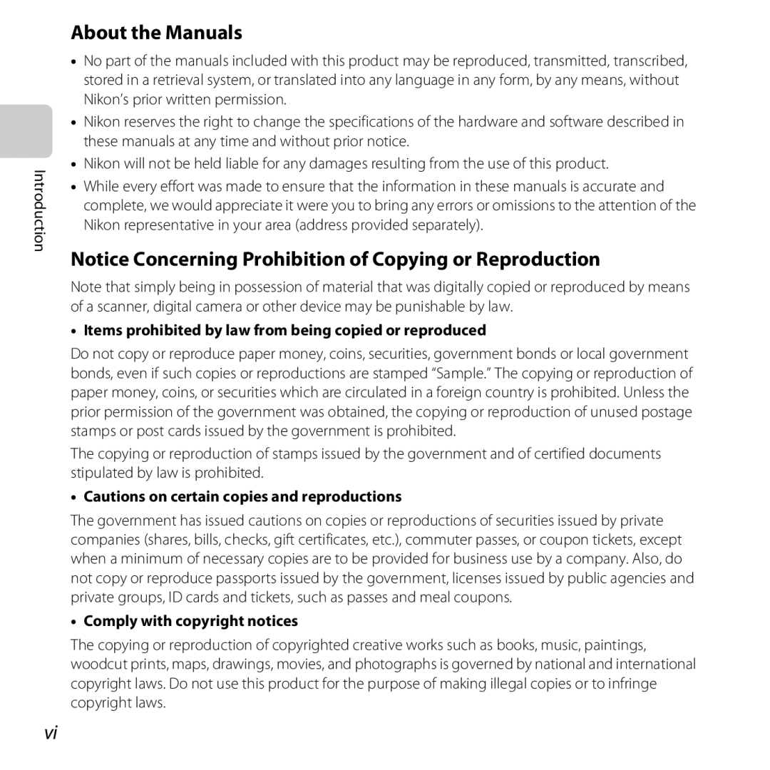 Nikon S6500 Red About the Manuals, Items prohibited by law from being copied or reproduced, Comply with copyright notices 