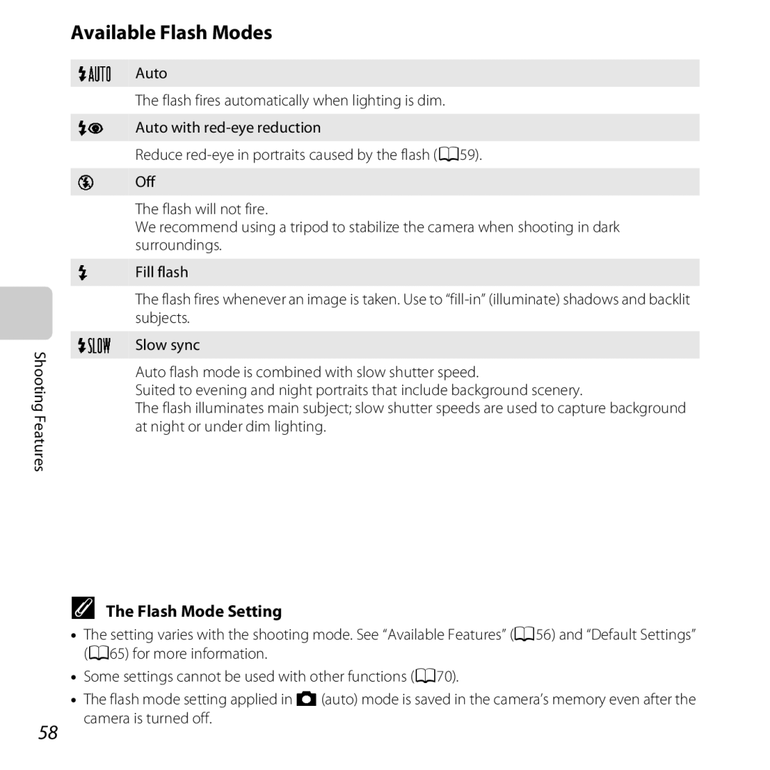 Nikon COOLPIXS6500SIL, S6500 Black, S6500 Red, COOLPIXS6500BLK manual Available Flash Modes, Flash Mode Setting 