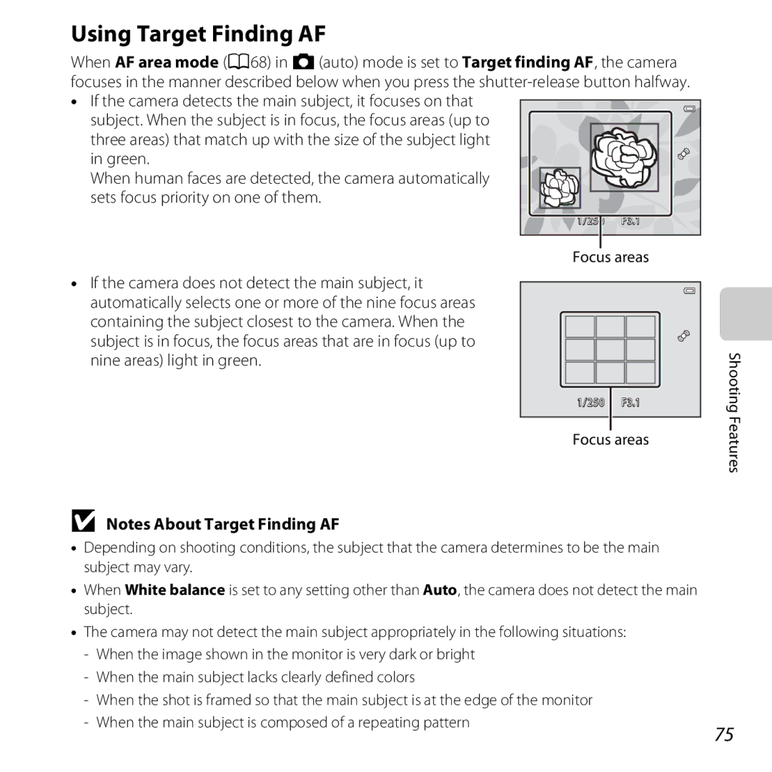 Nikon S6500 Black, COOLPIXS6500SIL, S6500 Red, COOLPIXS6500BLK manual Using Target Finding AF, Focus areas 
