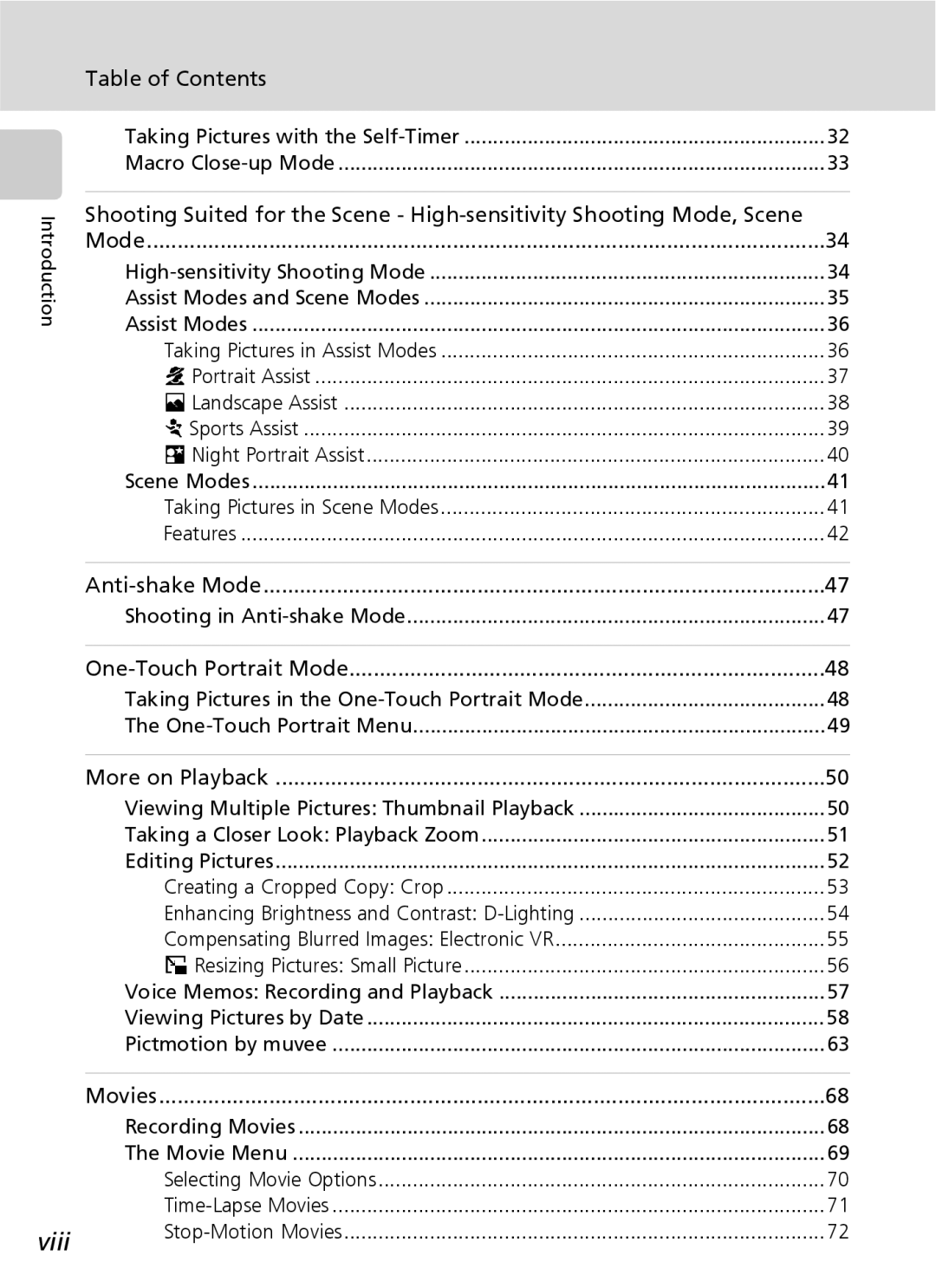 Nikon S7 manual Viii, Table of Contents, Anti-shake Mode, One-Touch Portrait Mode, More on Playback 