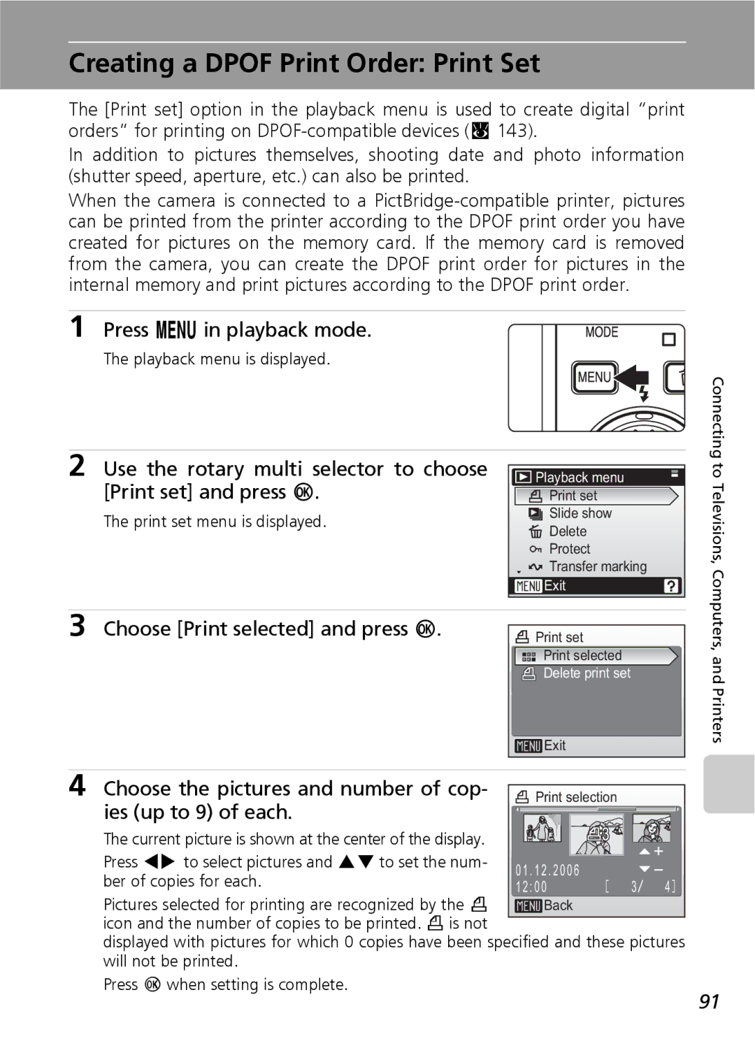 Nikon S7 manual Creating a Dpof Print Order Print Set, Press m in playback mode 