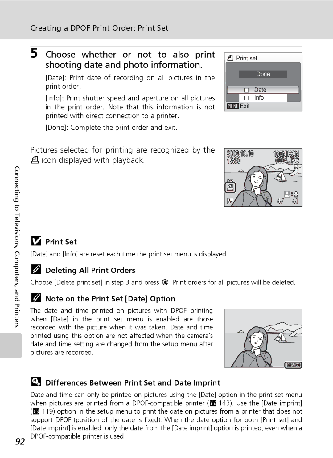 Nikon S7 Creating a Dpof Print Order Print Set, Deleting All Print Orders, Differences Between Print Set and Date Imprint 