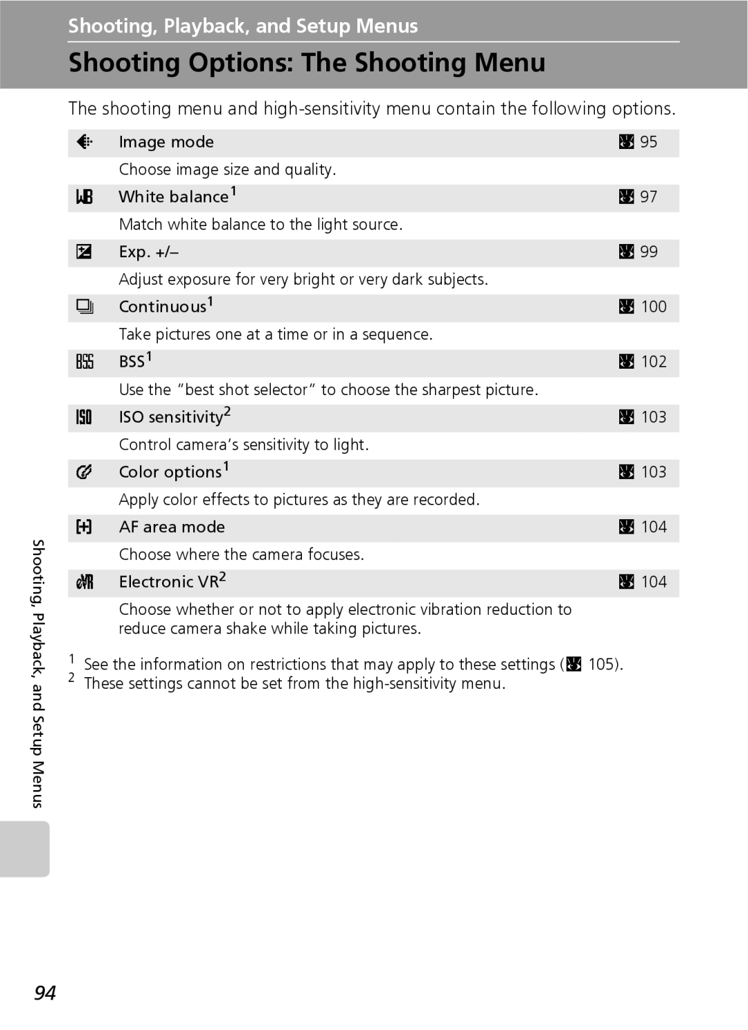 Nikon S7 manual Shooting Options The Shooting Menu, BSS1 