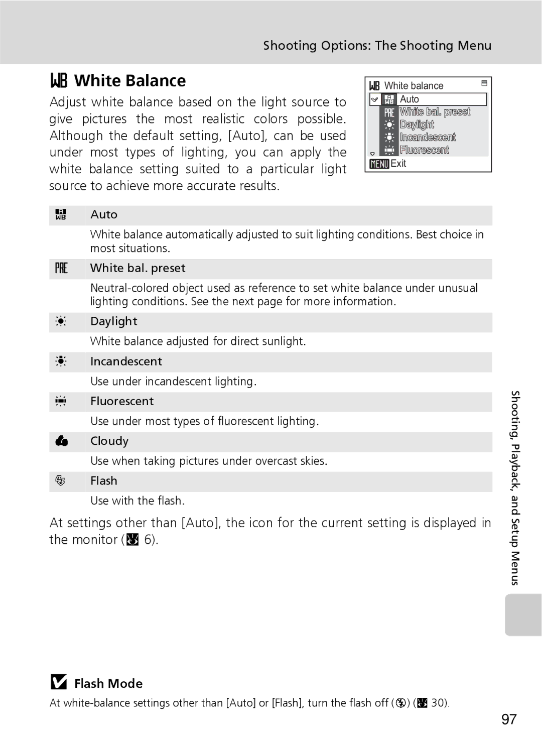 Nikon S7 manual White Balance, Flash Mode 