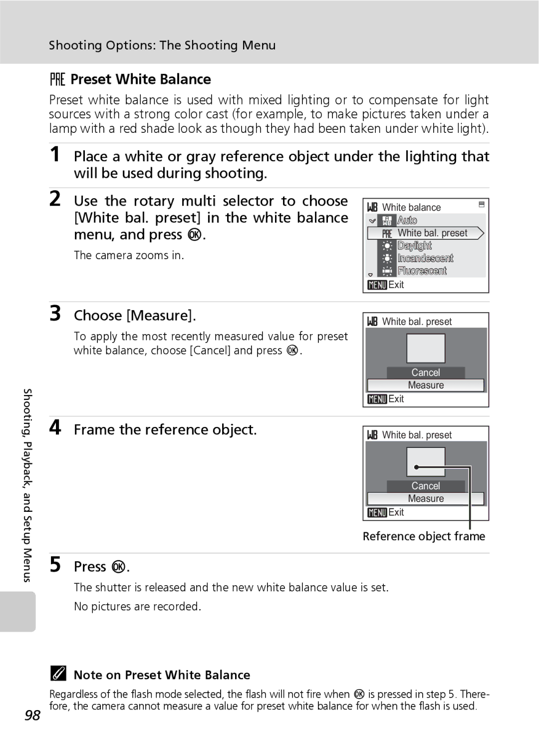 Nikon S7 manual Preset White Balance, White bal. preset in the white balance, Menu, and press d, Choose Measure 