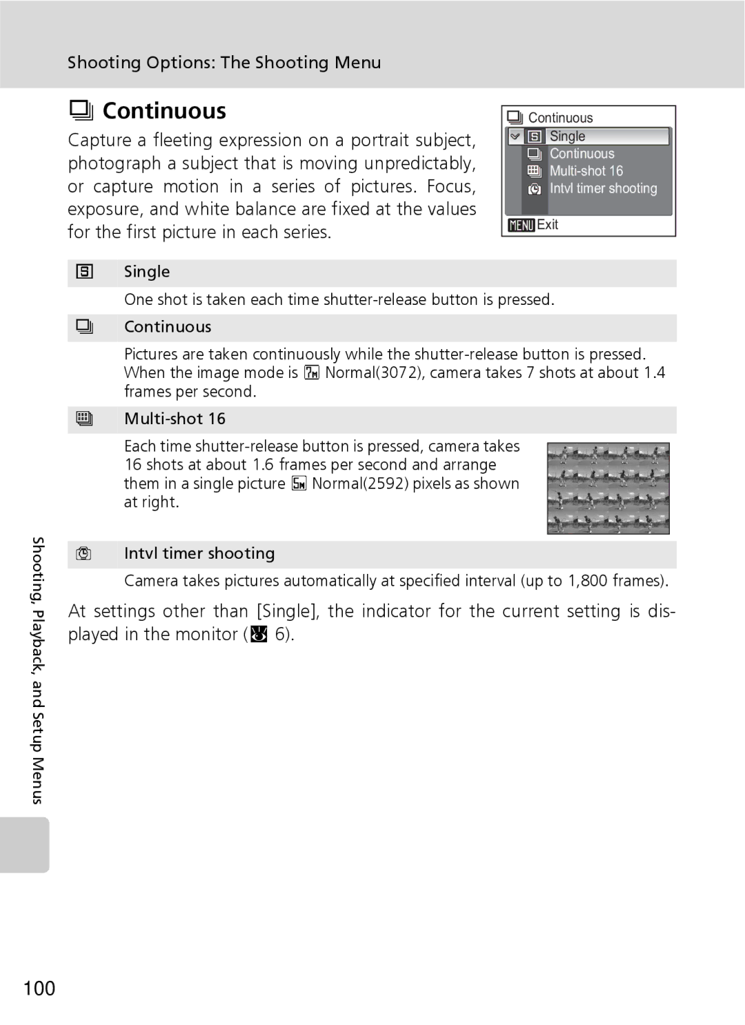 Nikon S7 manual Continuous, 100, Single 