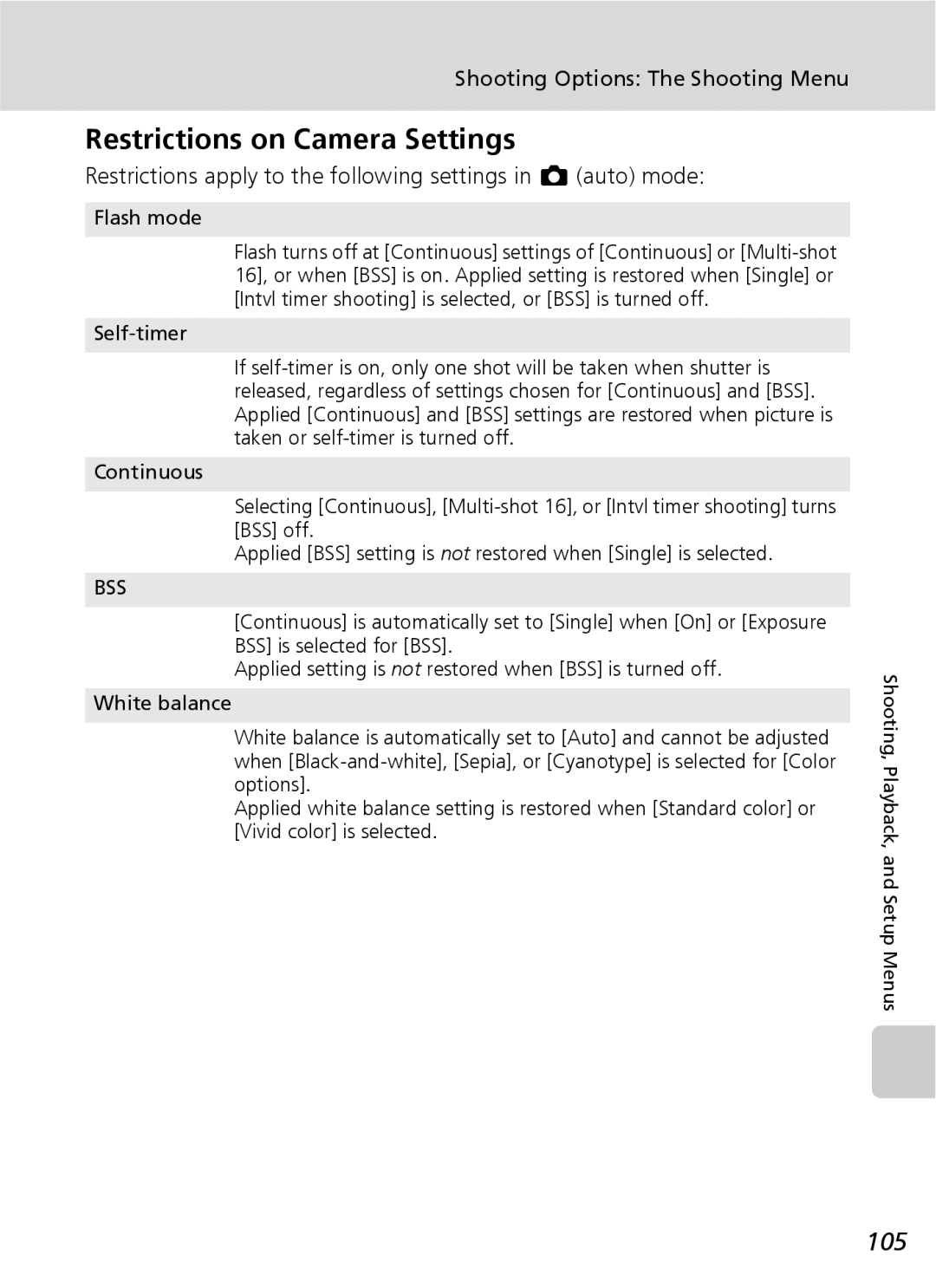 Nikon S7 Restrictions on Camera Settings, 105, Restrictions apply to the following settings in L auto mode, Flash mode 