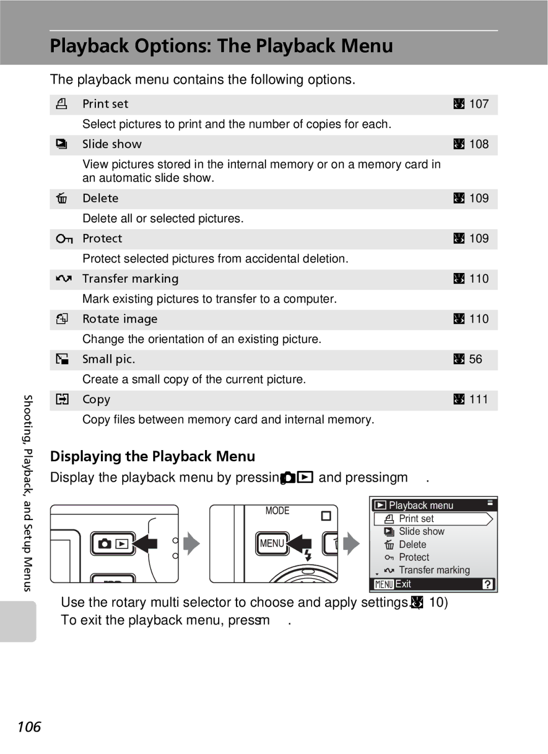 Nikon S7 manual Playback Options The Playback Menu, 106, Displaying the Playback Menu 