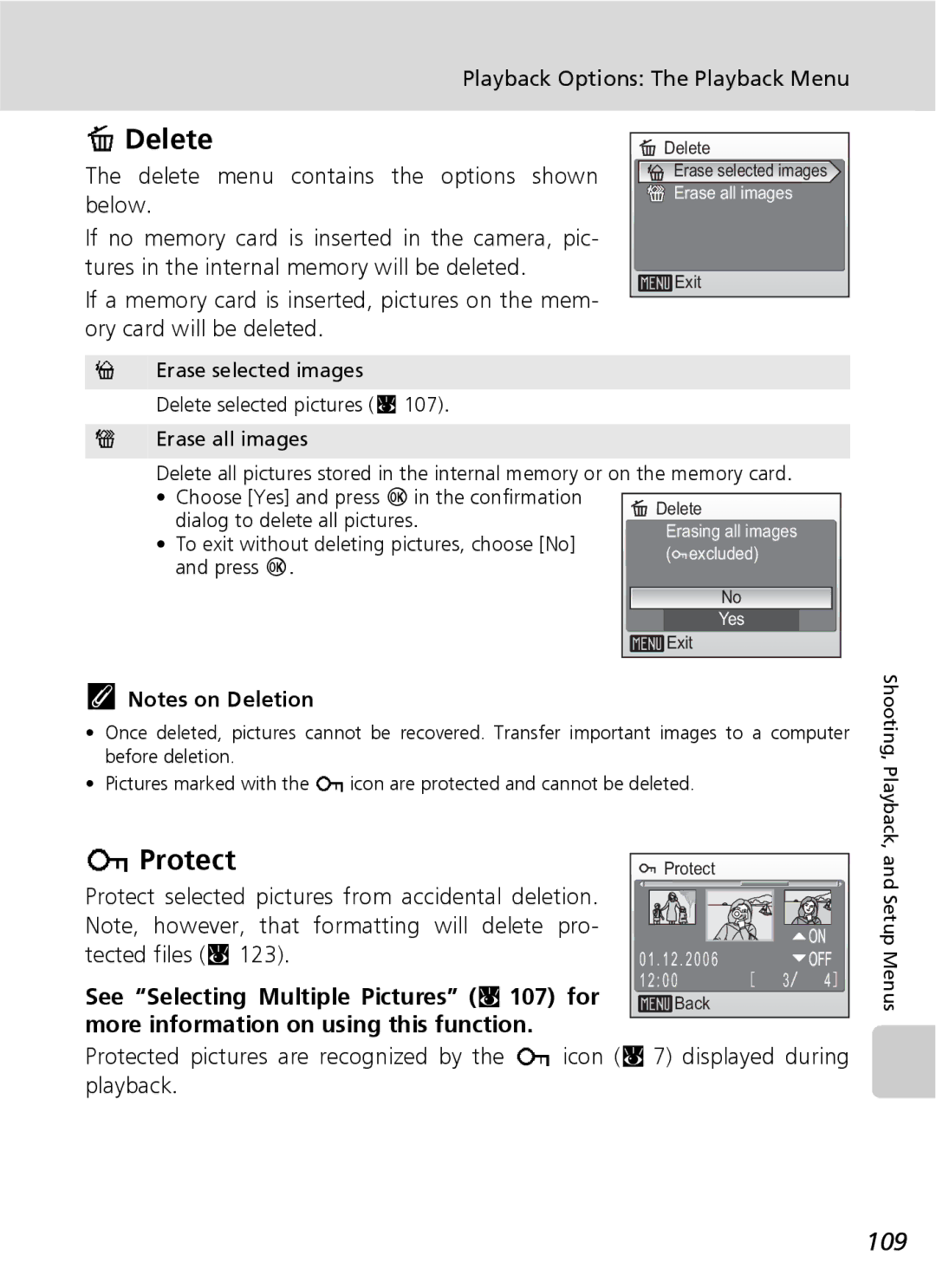 Nikon S7 manual Delete, Protect, 109, See Selecting Multiple Pictures c 107 for, More information on using this function 