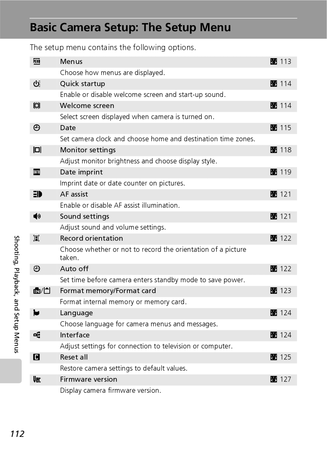 Nikon S7 manual Basic Camera Setup The Setup Menu, 112, Setup menu contains the following options 