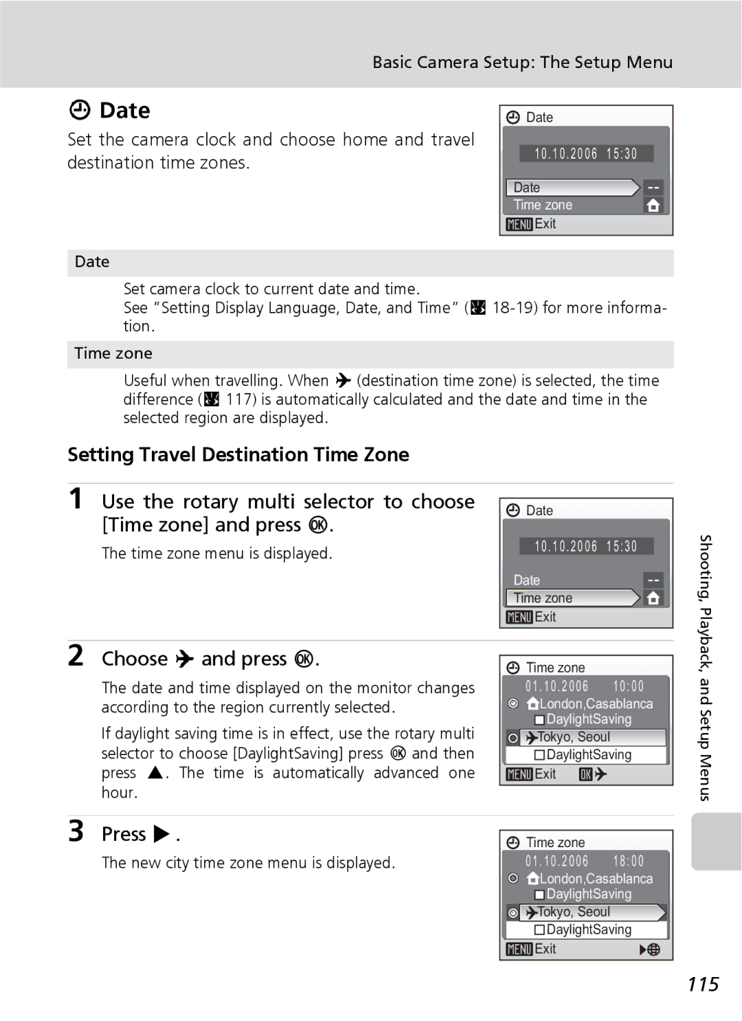 Nikon S7 manual Date, Setting Travel Destination Time Zone, Choose Y and press d, Press J, 115 