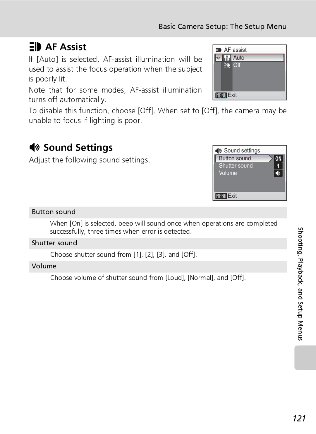 Nikon S7 manual AF Assist, Sound Settings, 121, Adjust the following sound settings 