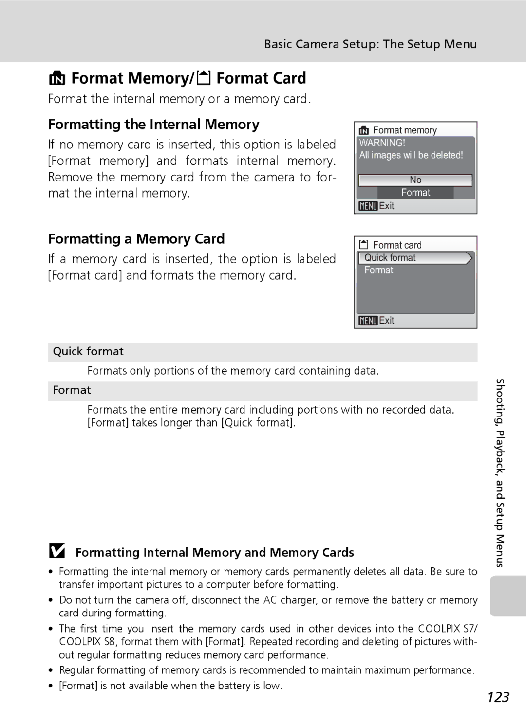 Nikon S7 manual Format Memory/O Format Card, Formatting the Internal Memory, Formatting a Memory Card, 123 