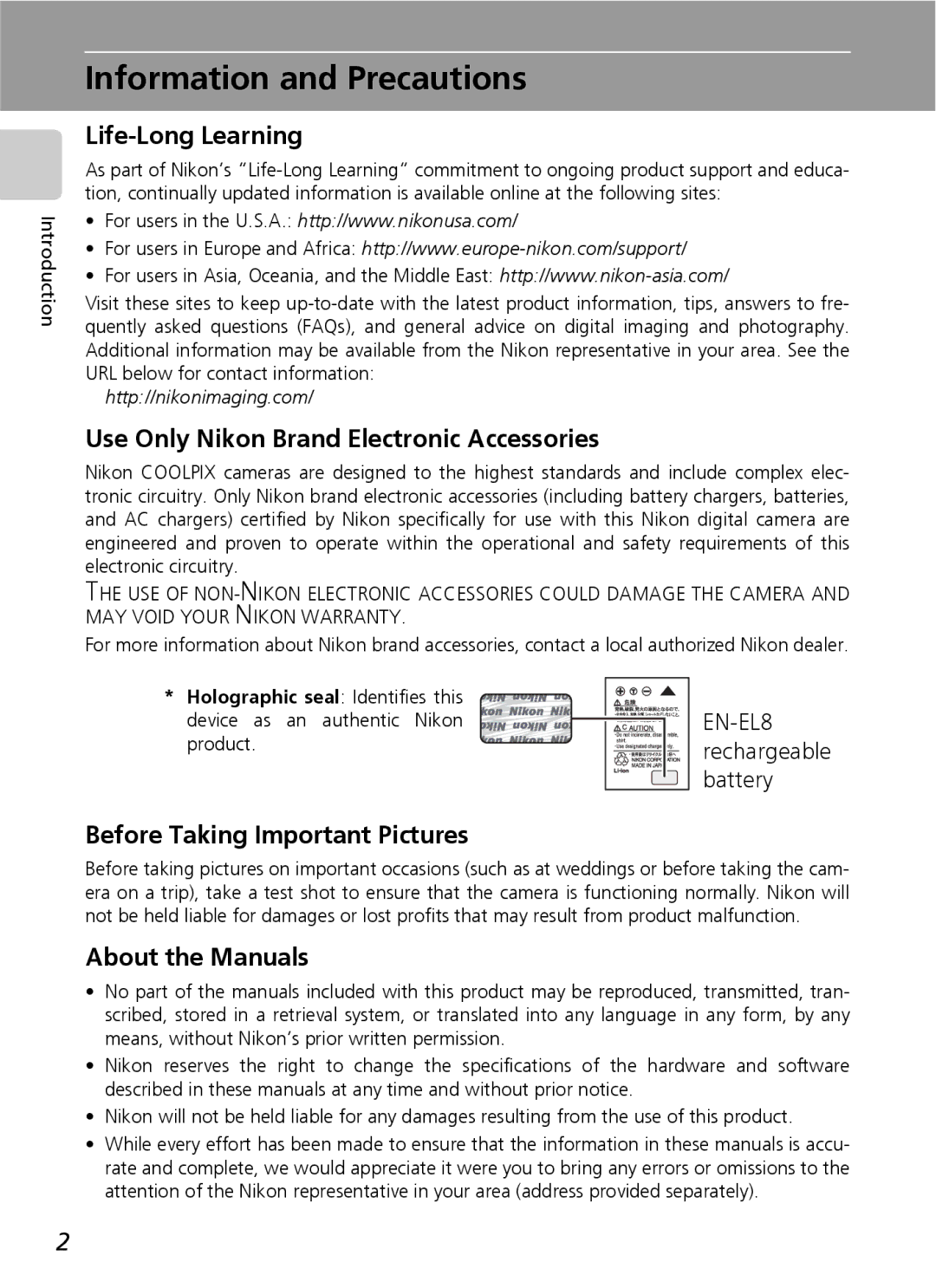 Nikon S7 Information and Precautions, Life-Long Learning, Use Only Nikon Brand Electronic Accessories, About the Manuals 